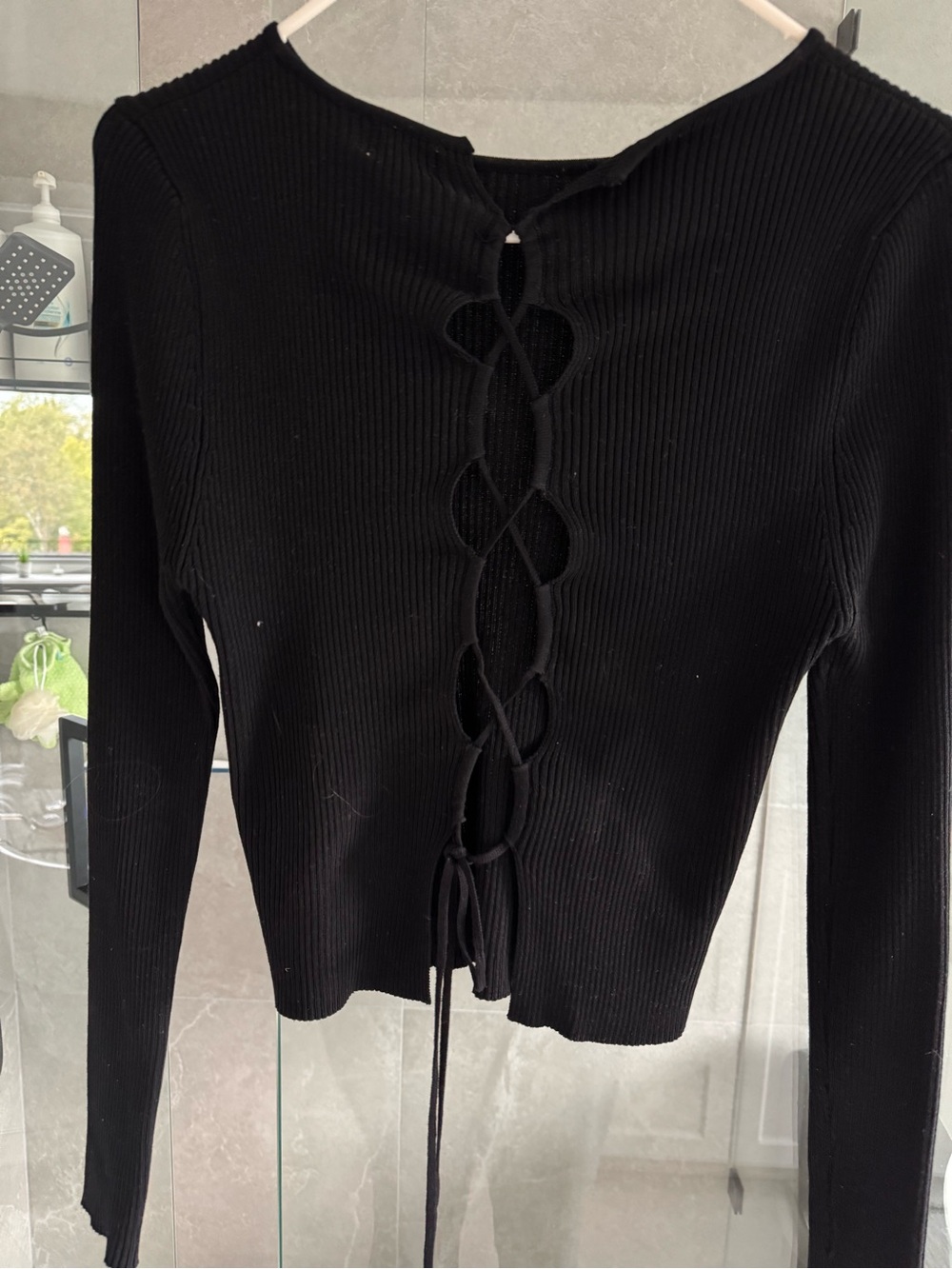 Cotton On Black Ribbed Long-Sleeve Lace-Up Top